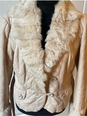 bebe Cream Quilted Faux Fur Collar Leather Jacket